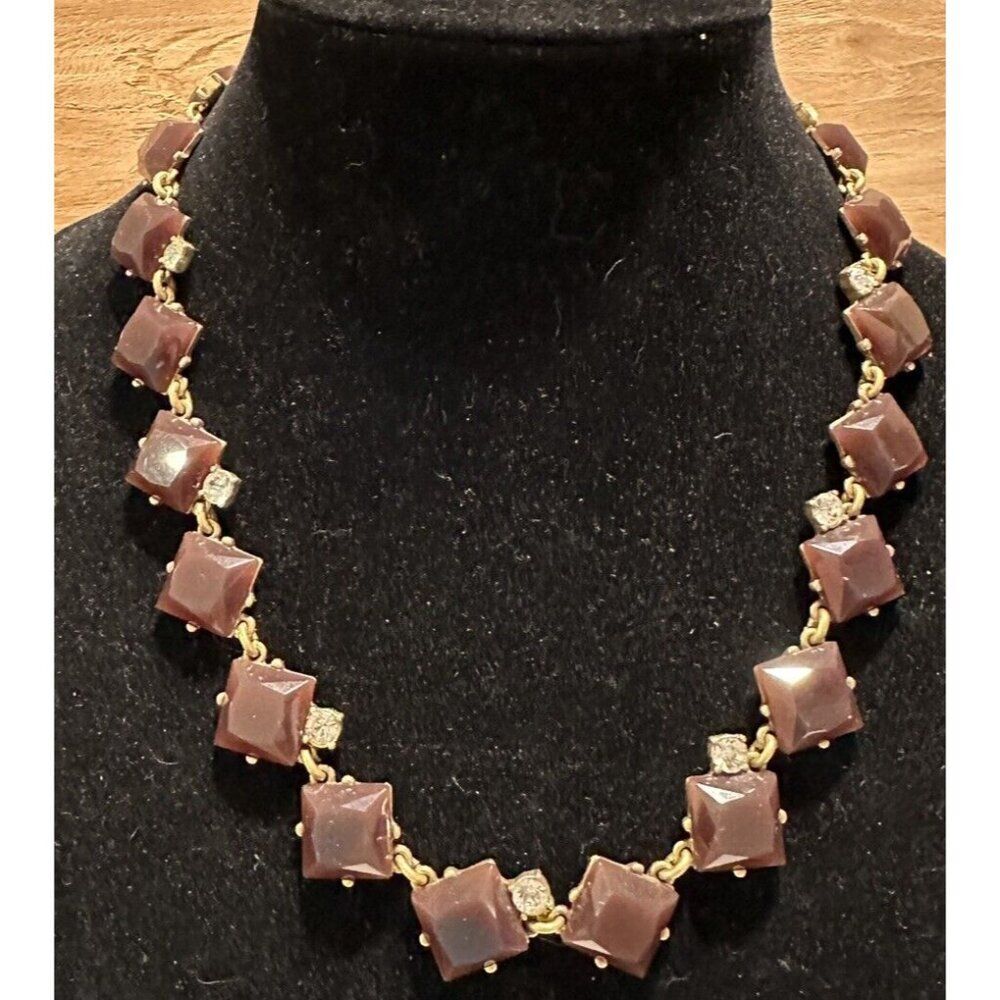 J Crew Gold Tone Purple Lucite Rhinestone Square Necklace 17-20”
